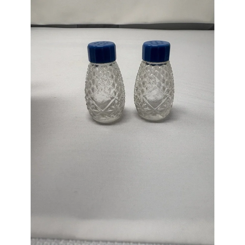 Blue Vintage Mini Individual Glass Salt And Pepper Shakers, Bakelite Lids 1930s